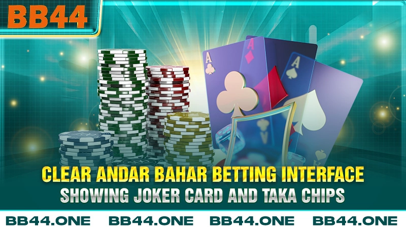 Andar Bahar betting interface showing the Joker card and Taka chips