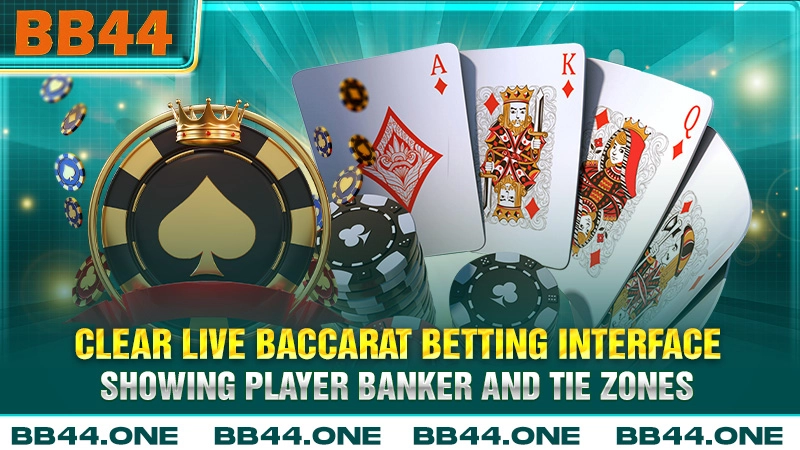 BB44 live Baccarat betting interface showing Player, Banker and Tie zones