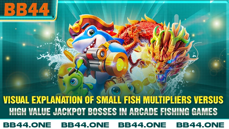 Visual explanation of small fish multipliers versus high value jackpot bosses in arcade fishing games