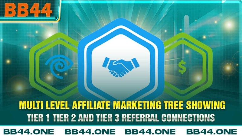 Multi level affiliate marketing tree showing tier 1 tier 2 and tier 3 referral connections