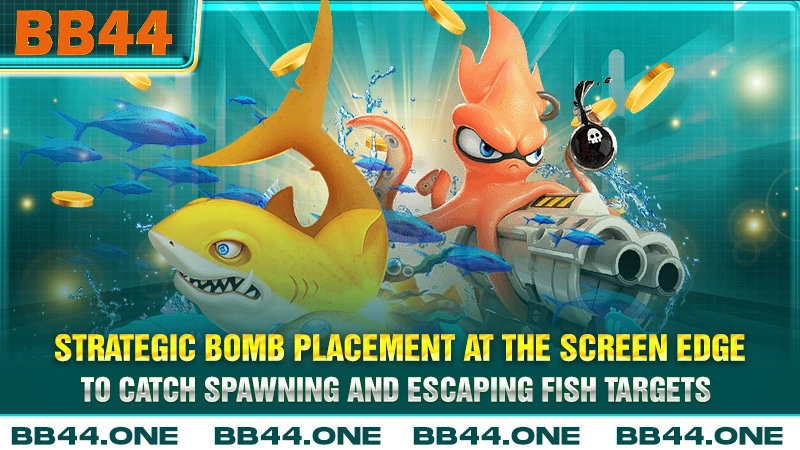Strategic bomb placement at the screen edge to catch spawning and escaping fish targets